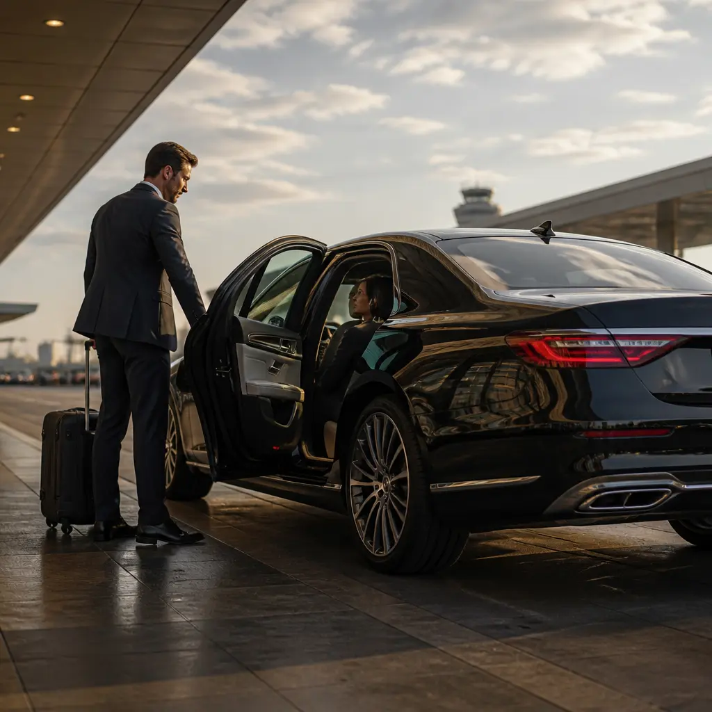 Luxury vehicle for airport limo and car service at an airport arrivals area